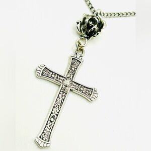 Antique silver tone gothic cross & sacred rose necklace on 28” chain religious